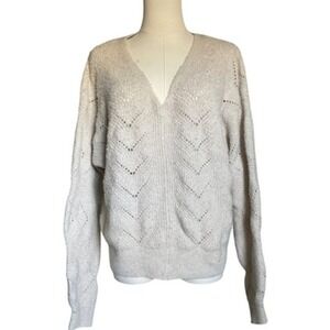 PINK ROSE V Neck Textured Chevron Knit Sweater Womens Medium Beige Cozy Pullover